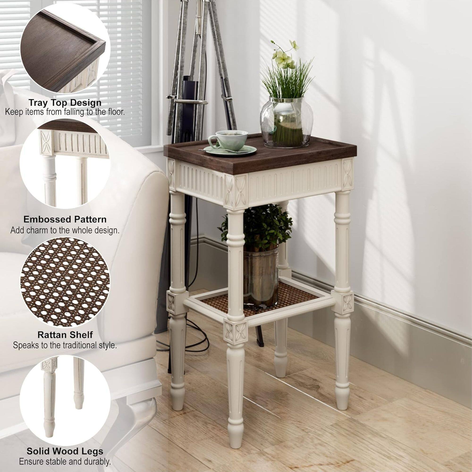 - Tray Top Design: Keep items from falling to the floor.
- Embossed Pattern: Add charm to the whole design.
- Rattan Shelf: Speaks to the traditional style.
- Solid Wood Legs: Ensure stable and durable.