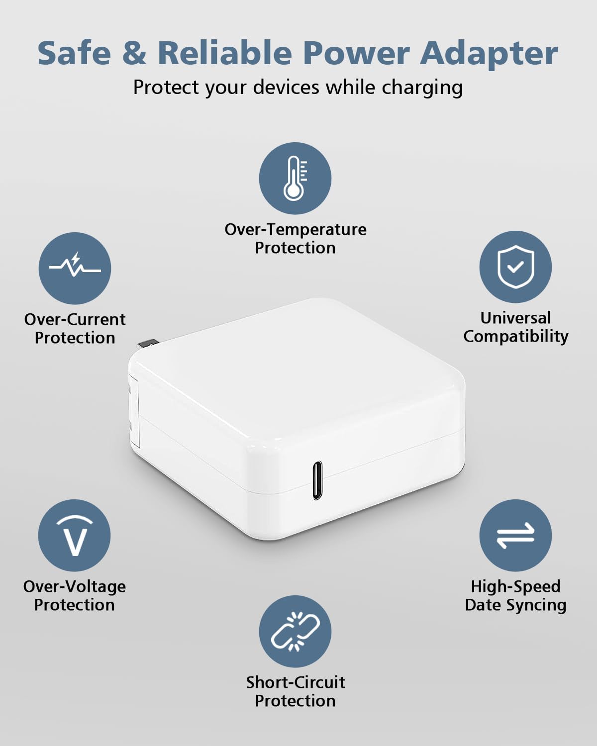 Safe & Reliable Power Adapter  
Protect your devices while charging  

- Over-Temperature Protection  
- Over-Current Protection  
- Universal Compatibility  
- Over-Voltage Protection  
- High-Speed Data Syncing  
- Short-Circuit Protection