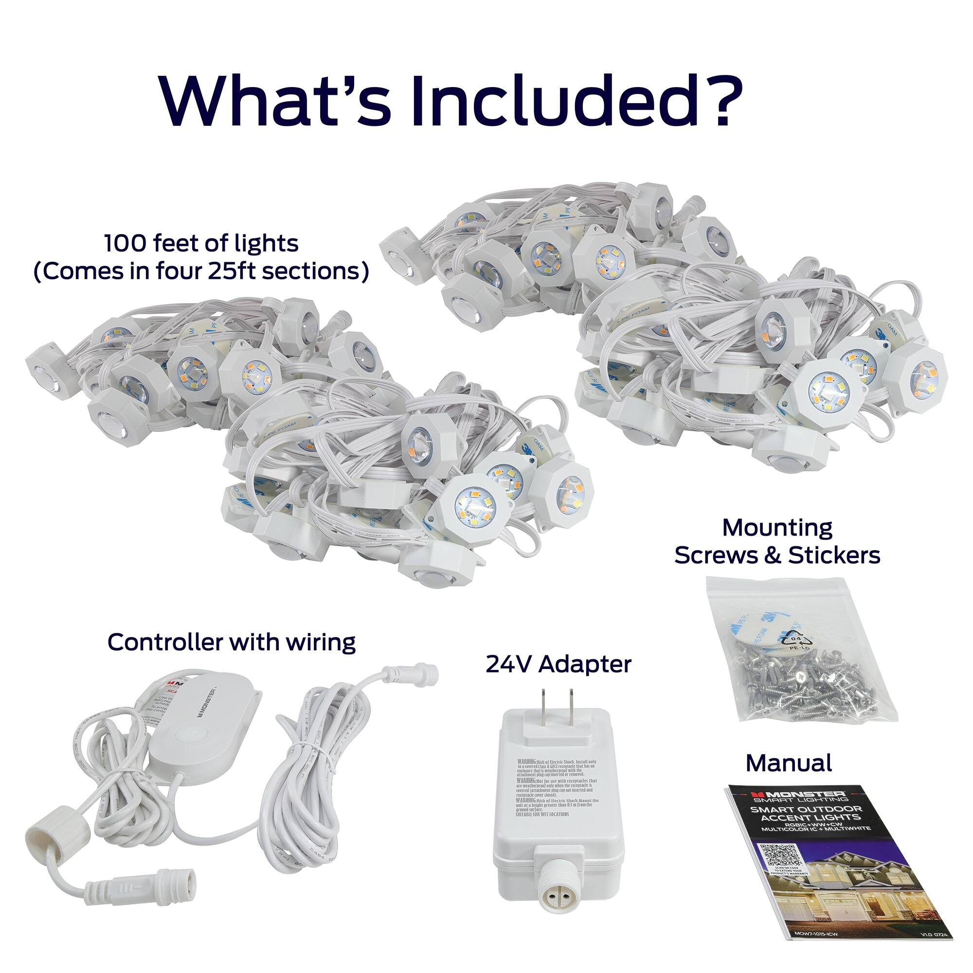 What's Included?

- 100 feet of lights (Comes in four 25ft sections)
- Mounting Screws & Stickers
- Controller with wiring
- 24V Adapter
- Manual