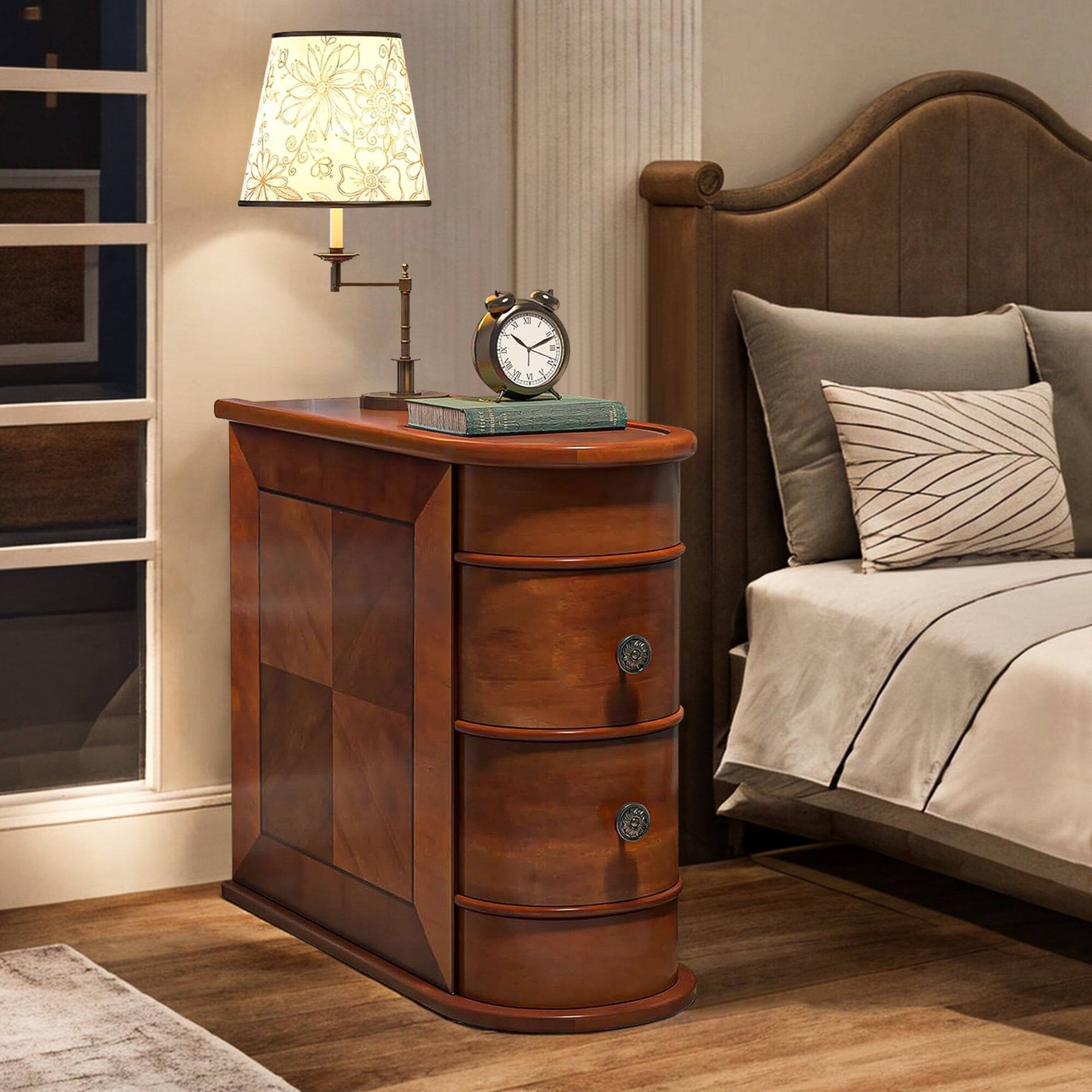 Alt View 1. Kadyn - Kadyn Wood End Table with 2 Drawers, No Assembly Required Vintage Slim Nightstand Bedside Table for Bedroom - Oak.