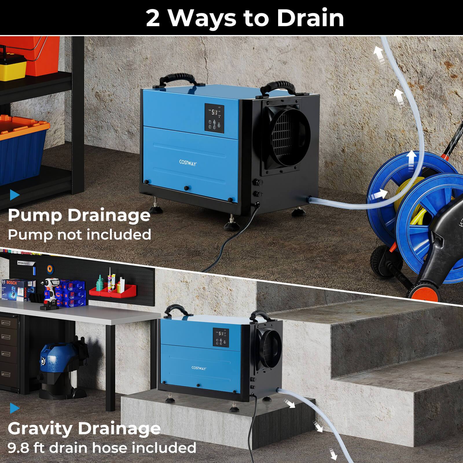 2 Ways to Drain

Pump Drainage  
Pump not included

Gravity Drainage  
9.8 ft drain hose included