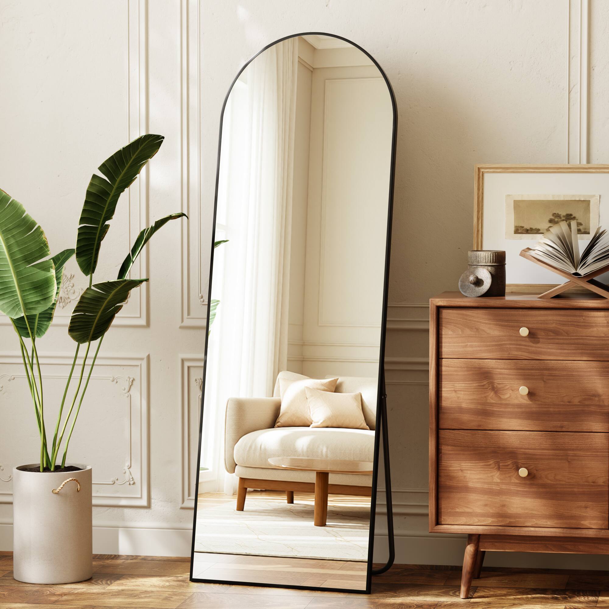 Front. Easly - Black 25 in. W x 69 in. H Arched Aluminum Alloy Frame Full Length Floor Mirror - Black.
