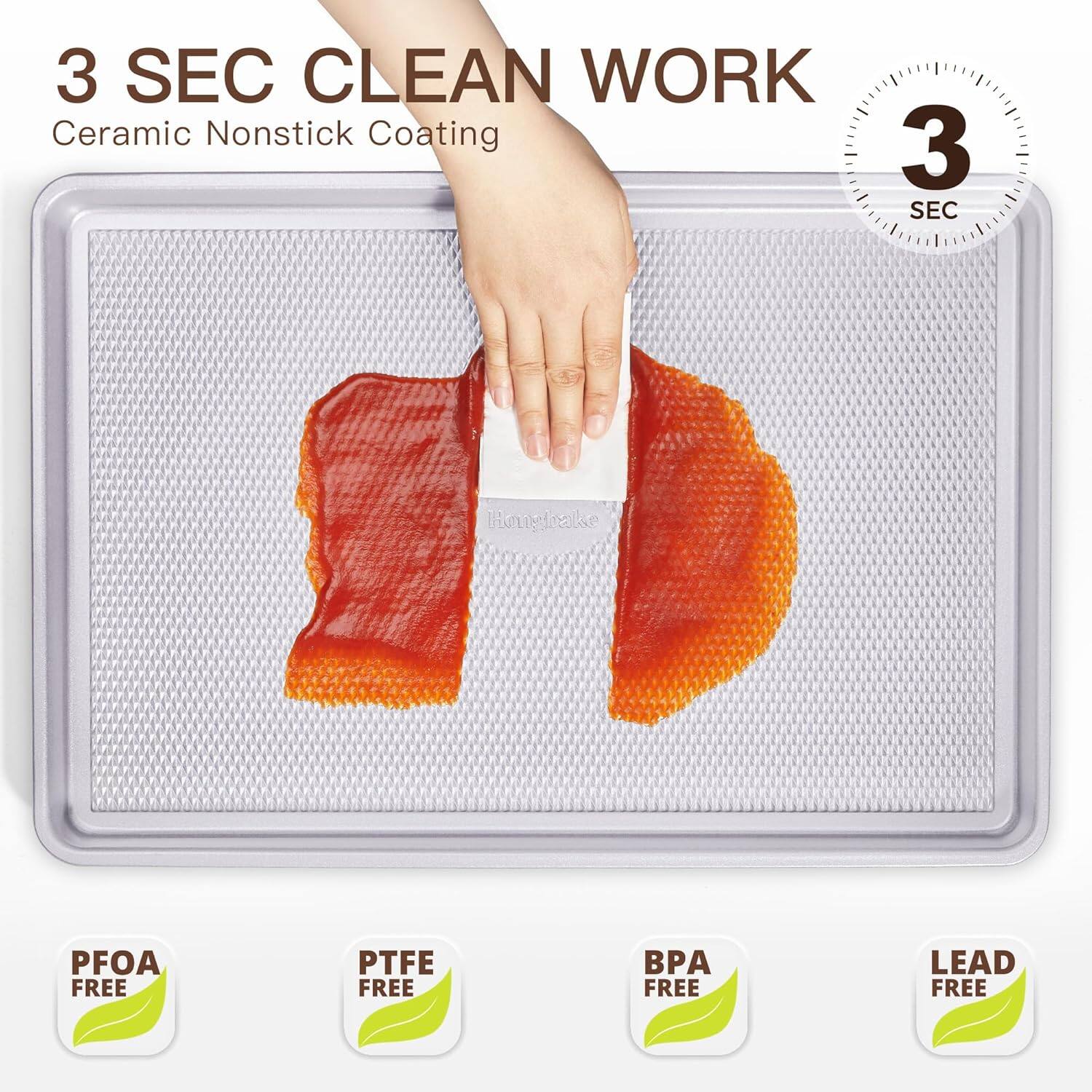 HONGBAKE - 3 Pack Nonstick Ceramic Baking Sheet Pan Set for Oven, Heavy Duty 0.8mm Thick Aluminized Steel Cookie Trays for Cooking - Gray - Thumbnail 5