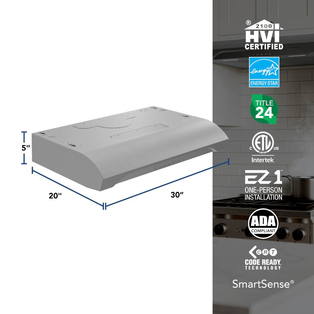 The image features a white stove top oven with a 20" x 30" cooking surface. The oven is HVI certified, energy-efficient, and has an Energy Star rating. It is also designed for one-person installation, making it easy to set up. The oven is ADA compliant and comes with SmartSense technology, which provides advanced features for cooking and energy management. The stove top oven is also code-ready, ensuring it meets all necessary safety and installation standards.