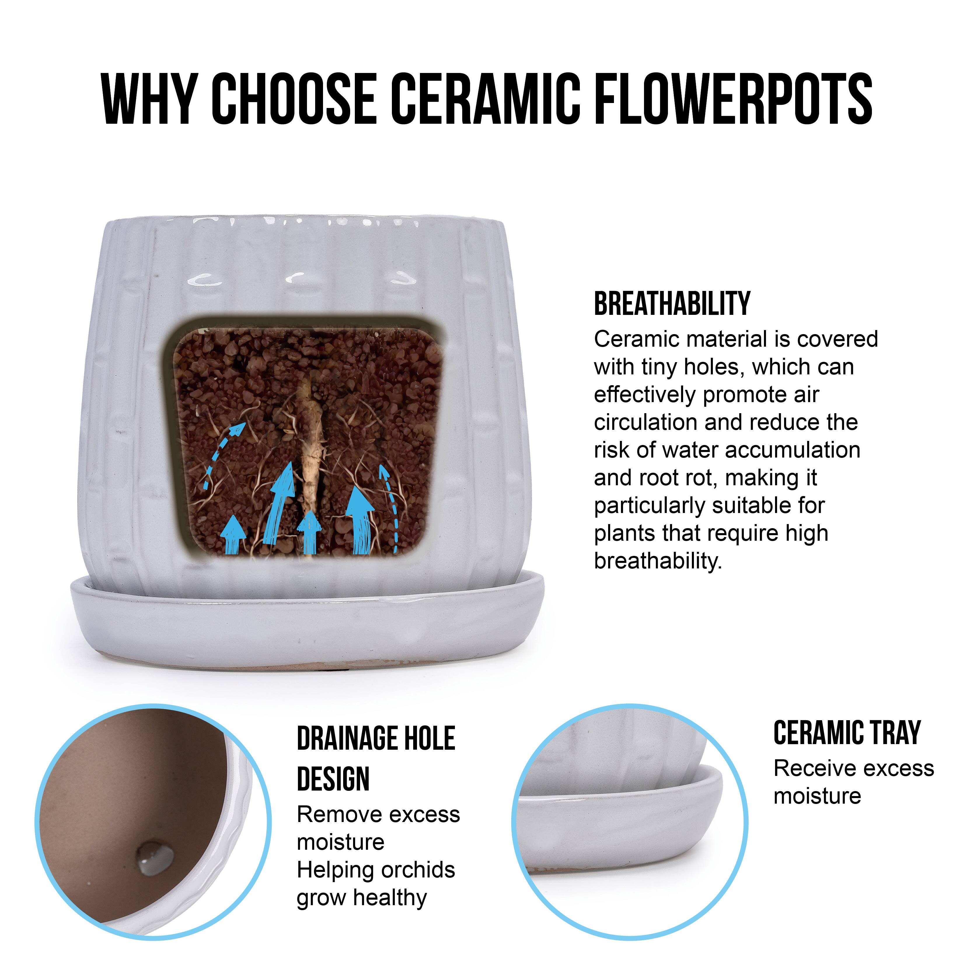 WHY CHOOSE CERAMIC FLOWER POTS

BREATHABILITY
Ceramic material is covered with tiny holes, which can effectively promote air circulation and reduce the risk of water accumulation and root rot, making it particularly suitable for plants that require high breathability.

DRAINAGE HOLE DESIGN
Remove excess moisture
Helping orchids grow healthy

CERAMIC TRAY
Receive excess moisture