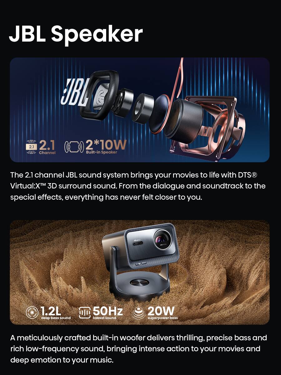 JBL Speaker

2.1 Channel  
2*10W Built-in Speaker

The 2.1 channel JBL sound system brings your movies to life with DTS® Virtual:X™ 3D surround sound. From the dialogue and soundtrack to the special effects, everything has never felt closer to you.

1.2L deep bass sound  
50Hz lowest sound  
20W superpower bass

A meticulously crafted built-in woofer delivers thrilling, precise bass and rich low-frequency sound, bringing intense action to your movies and deep emotion to your music.