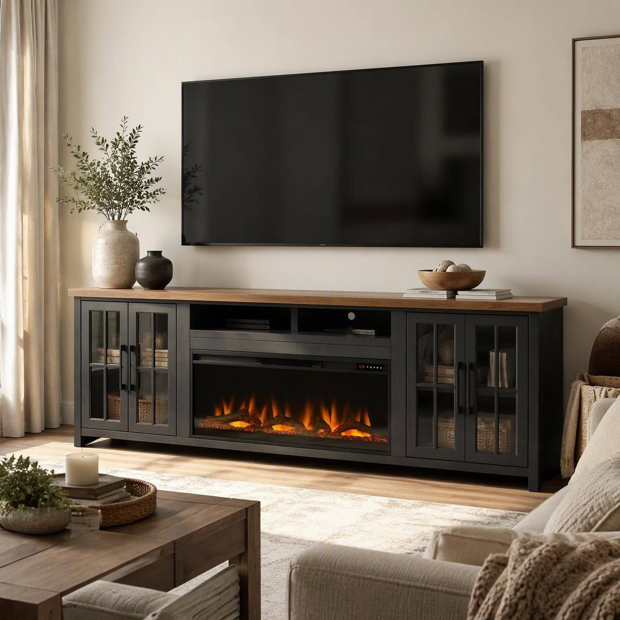 Back. RYHNUYNE - 97 Inch Farmhouse Fireplace TV Stand, Fits Up To 100 Inch TVs For Spacious Living Room Media Storage Decor - Black.