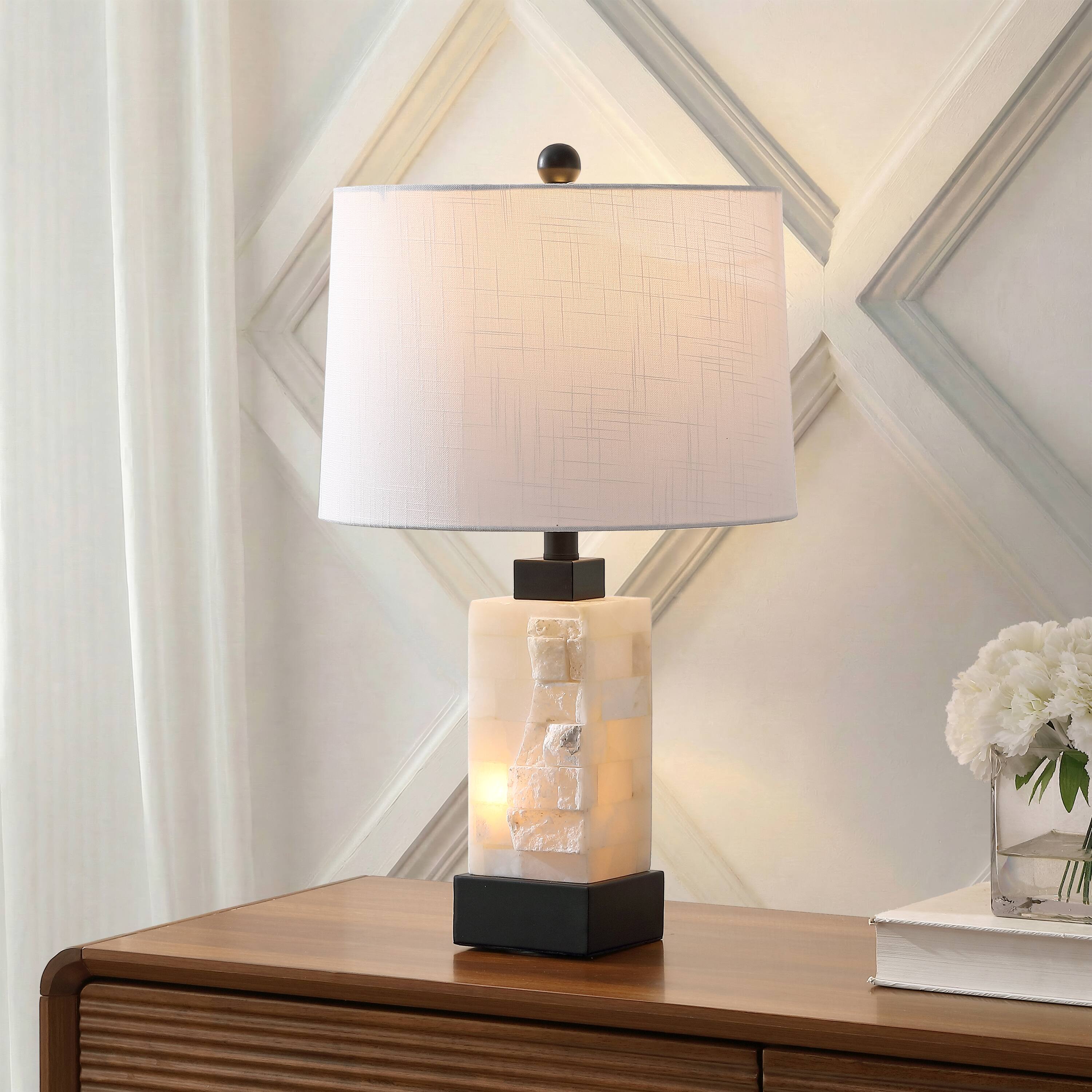 Alt View 1. Jonathan Y - Eloise 23" Coastal Glam Rectangular Alabaster/Metal LED Table Lamp with Nightlight Base, White/Black - White/Black.