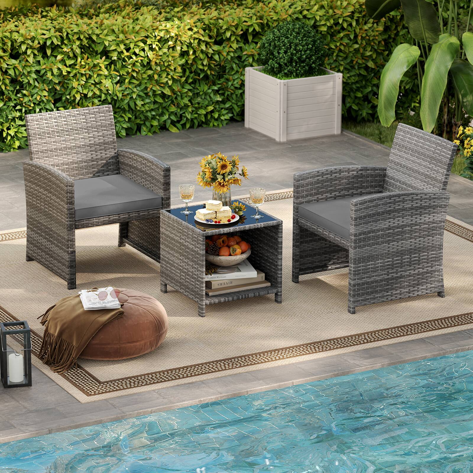 Gymax - 3 Pieces Patio Furniture Set PE Rattan Chairs Set w/ Storage Coffee Table - Gray price history on PriceWatchPro