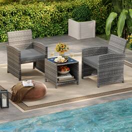 Gymax - 3 Pieces Patio Furniture Set PE Rattan Chairs Set w/ Storage Coffee Table - Gray
