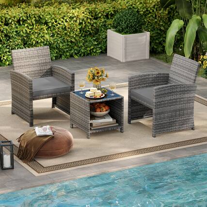 Front. Gymax - Gymax 3 Pieces Patio Furniture Set PE Rattan Chairs Set w/ Storage Coffee Table Gray - Gray.