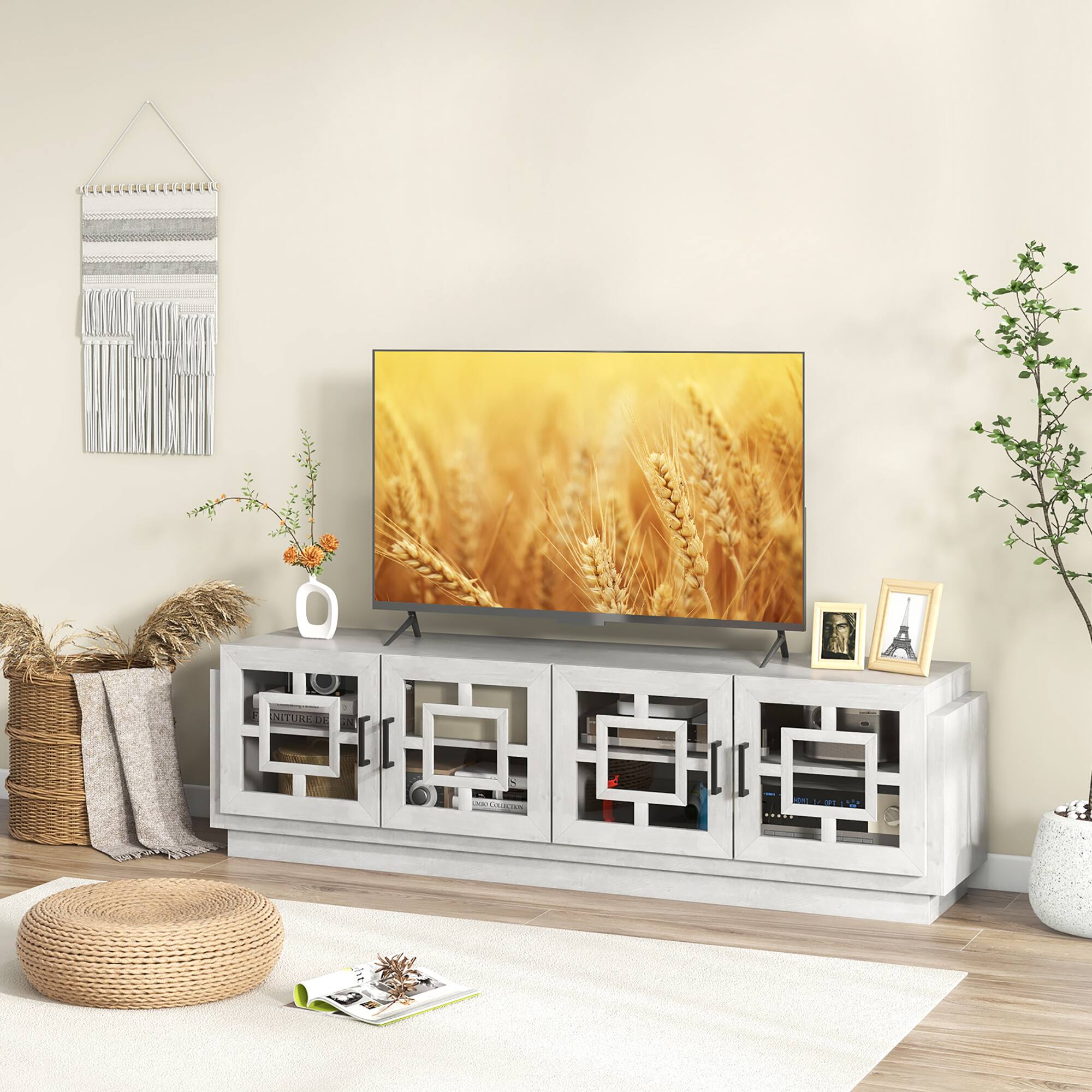 Alt View 13. Costway - 4-Door Glass Entertainment Center Farmhouse TV Stand for TVs up to 75'' Oak White - Oak/White.