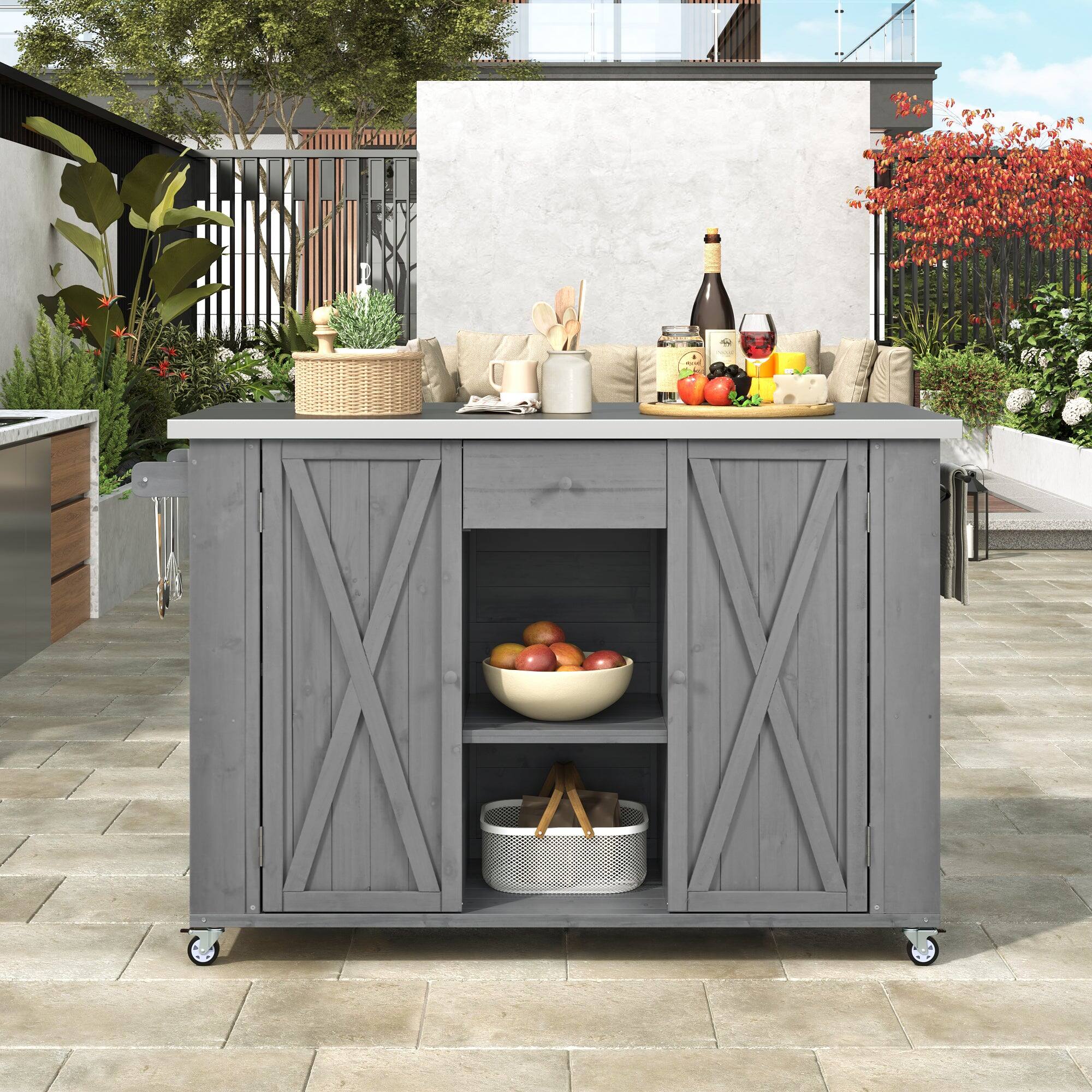Alt View 1. Boyel Living - Outdoor Kitchen Island Fir Wood Foldable Steel Top Grey.