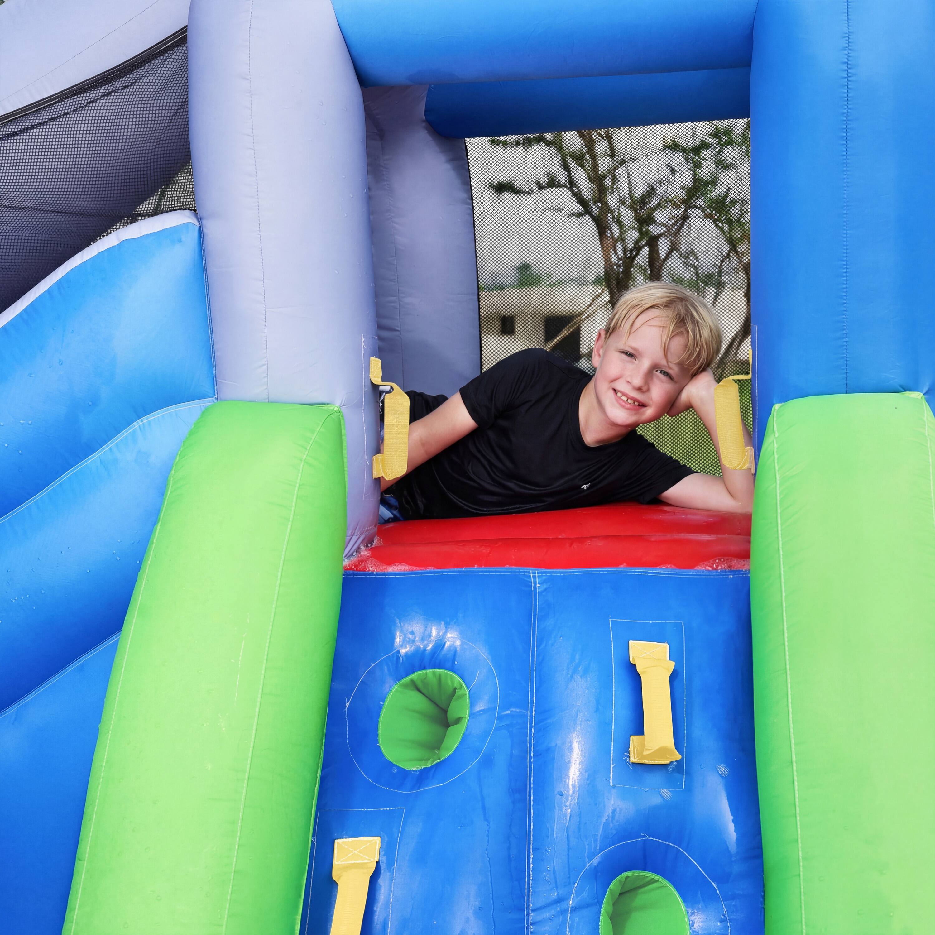 Back. Joyfy - 6-in-1 Shark Inflatable Water Slide Park, Blow Up Water Slides With Climbing Wall Ball Pit Toss Ring Splash Pool.
