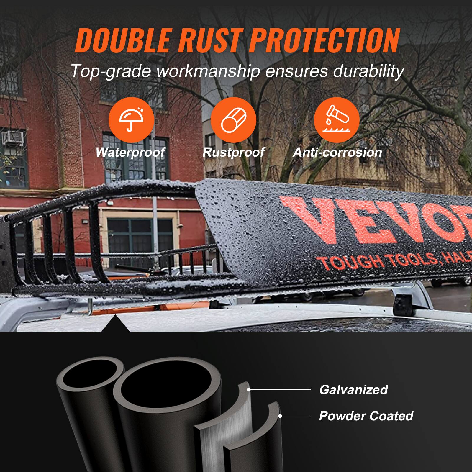 The corrected text is:
"DOUBLE RUST PROTECTION
Top-grade workmanship ensures durability
Waterproof
Rustproof
Anti-corrosion
VEVO TOUGH TOOLS, HAL
Galvanized
Powder Coated"