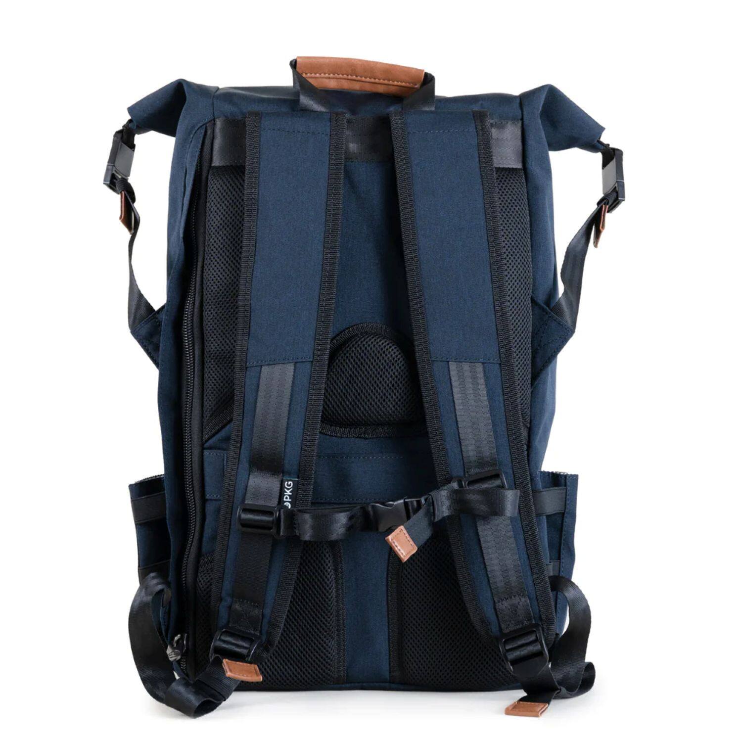 Angle. PKG - Dawson Recycled Roll Top Backpack - Navy Tan.