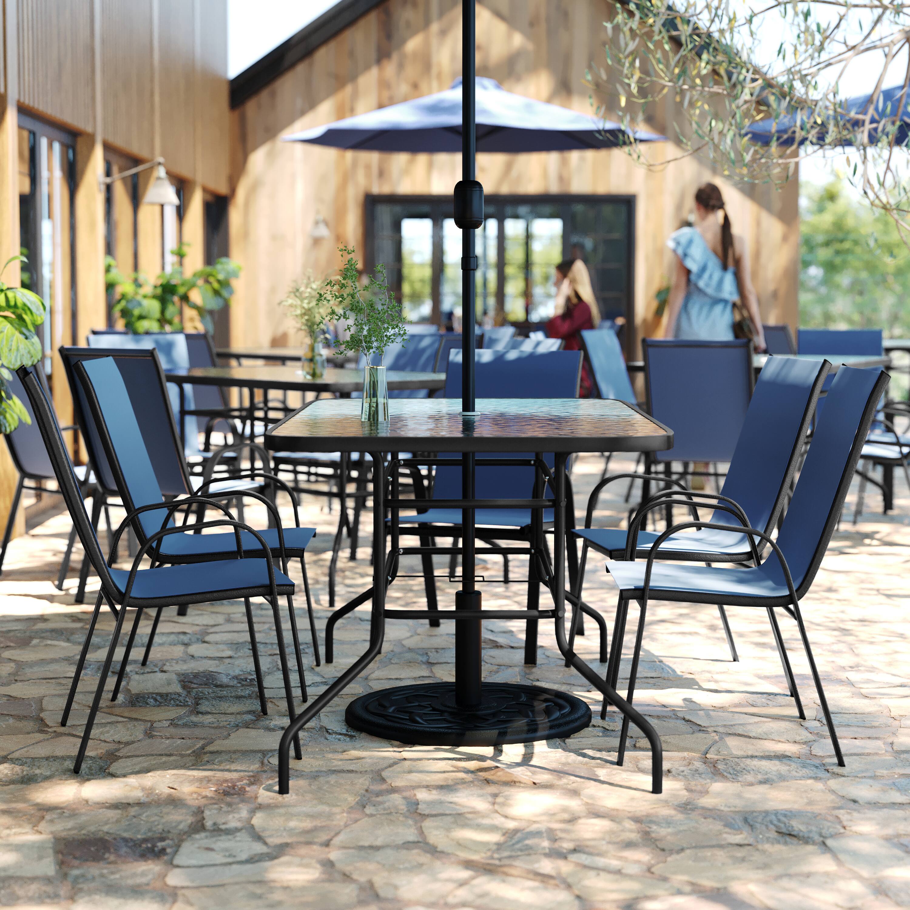 Alt View 2. Flash Furniture - Brazos 7 Piece Outdoor Patio Dining Set - 55" Tempered Glass Patio Table with Umbrella Hole, 6 Navy Flex Comfort Stack C - Blue.