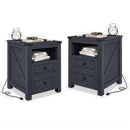 Vipbear - Farmhouse Nightstand with Charging Station 18" Night Stand Set of 2 Drawers Wood Bedside End Table,Set of 2 - Gray