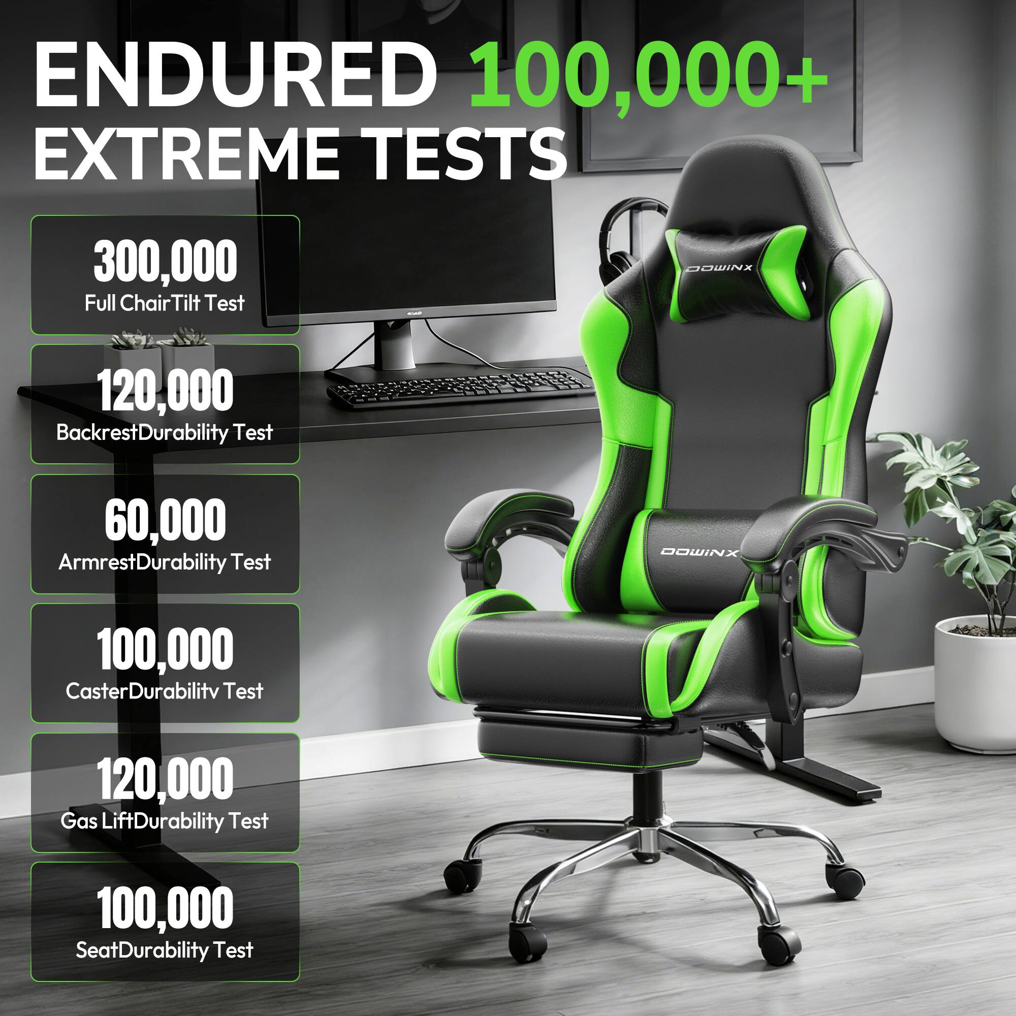 ENDURED 100,000+ EXTREME TESTS

- 300,000 Full Chair Tilt Test
- 120,000 Backrest Durability Test
- 60,000 Armrest Durability Test
- 100,000 Caster Durability Test
- 120,000 Gas Lift Durability Test
- 100,000 Seat Durability Test