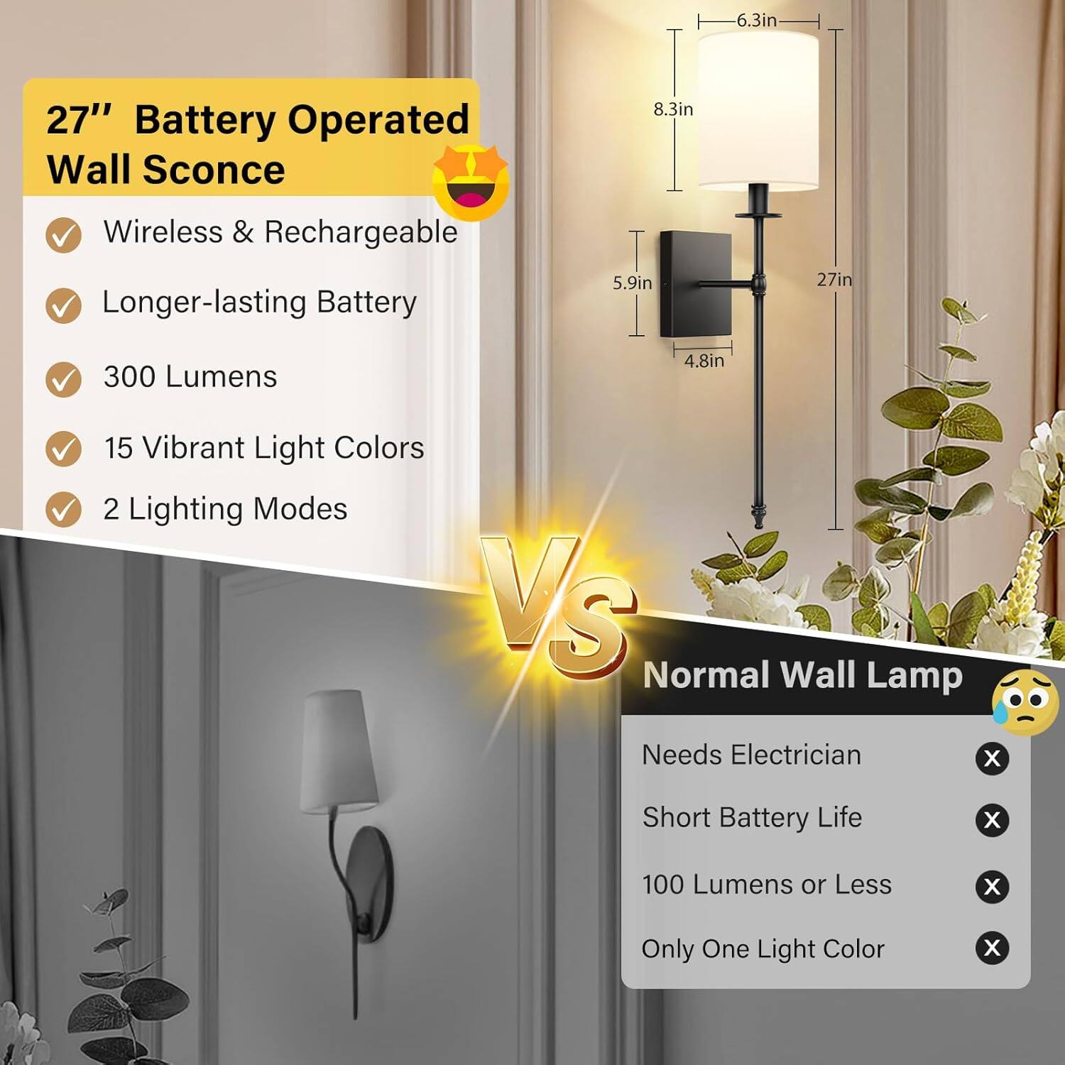 27" Battery Operated Wall Sconce

- Wireless & Rechargeable
- Longer-lasting Battery
- 300 Lumens
- 15 Vibrant Light Colors
- 2 Lighting Modes

VS

Normal Wall Lamp

- Needs Electrician
- Short Battery Life
- 100 Lumens or Less
- Only One Light Color