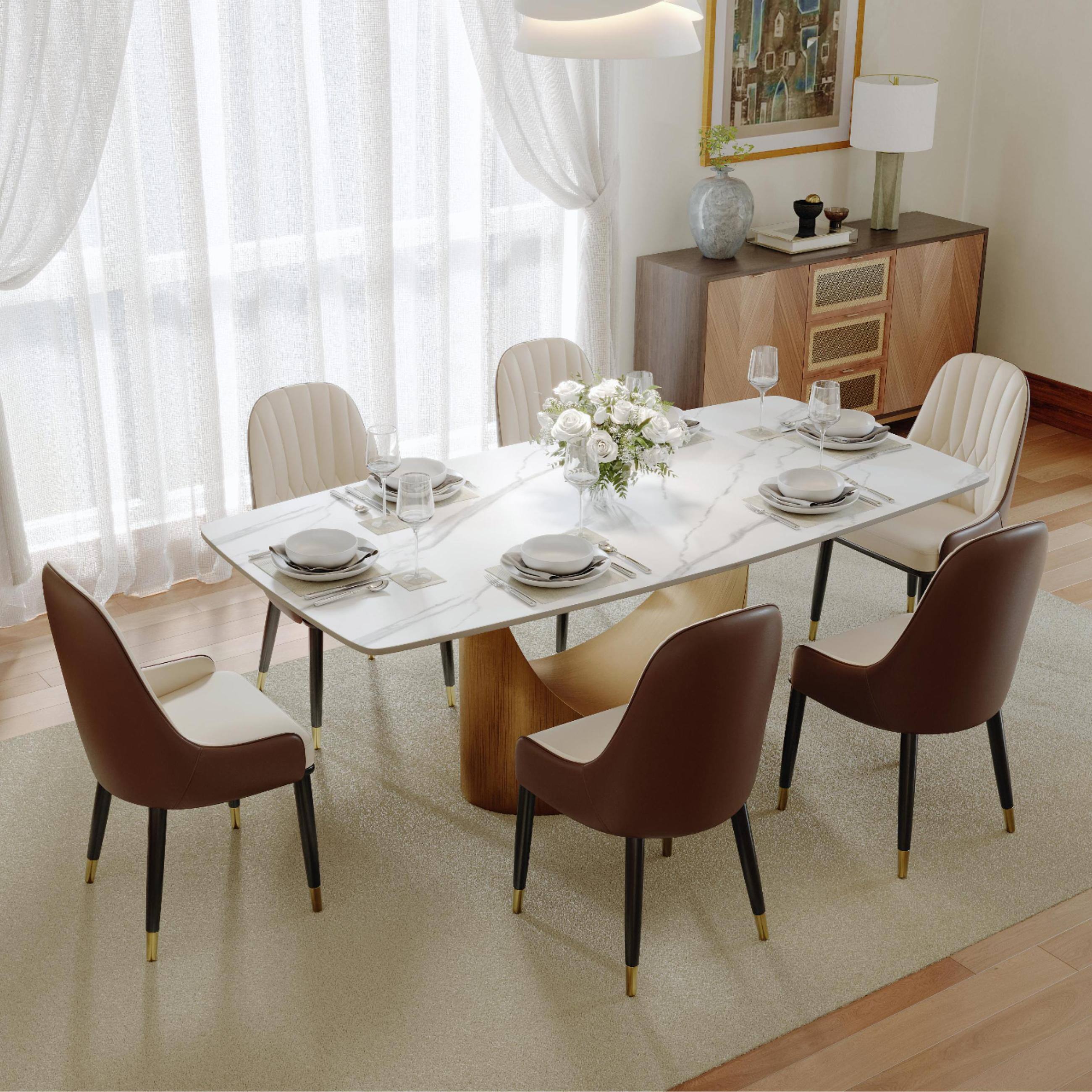 Alt View 3. POVISON - Modern Beige Dining Chair With PU Leather (Set of 4), Brown & Beige Chair,Metal Legs - Gray & Beige PU Leather.