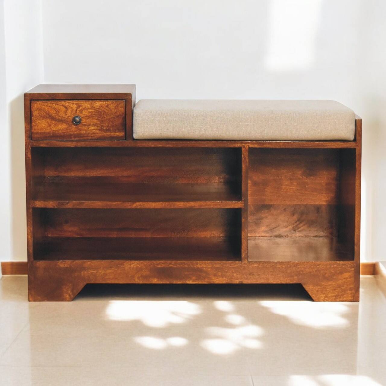 Angle. Artisan Furniture - Artisan Furniture Solid Wood Retreat Chestnut Shoe Bench, Upholstered, 1 Drawer, 3 Shelves, Dark Brown & White - Brown & White.