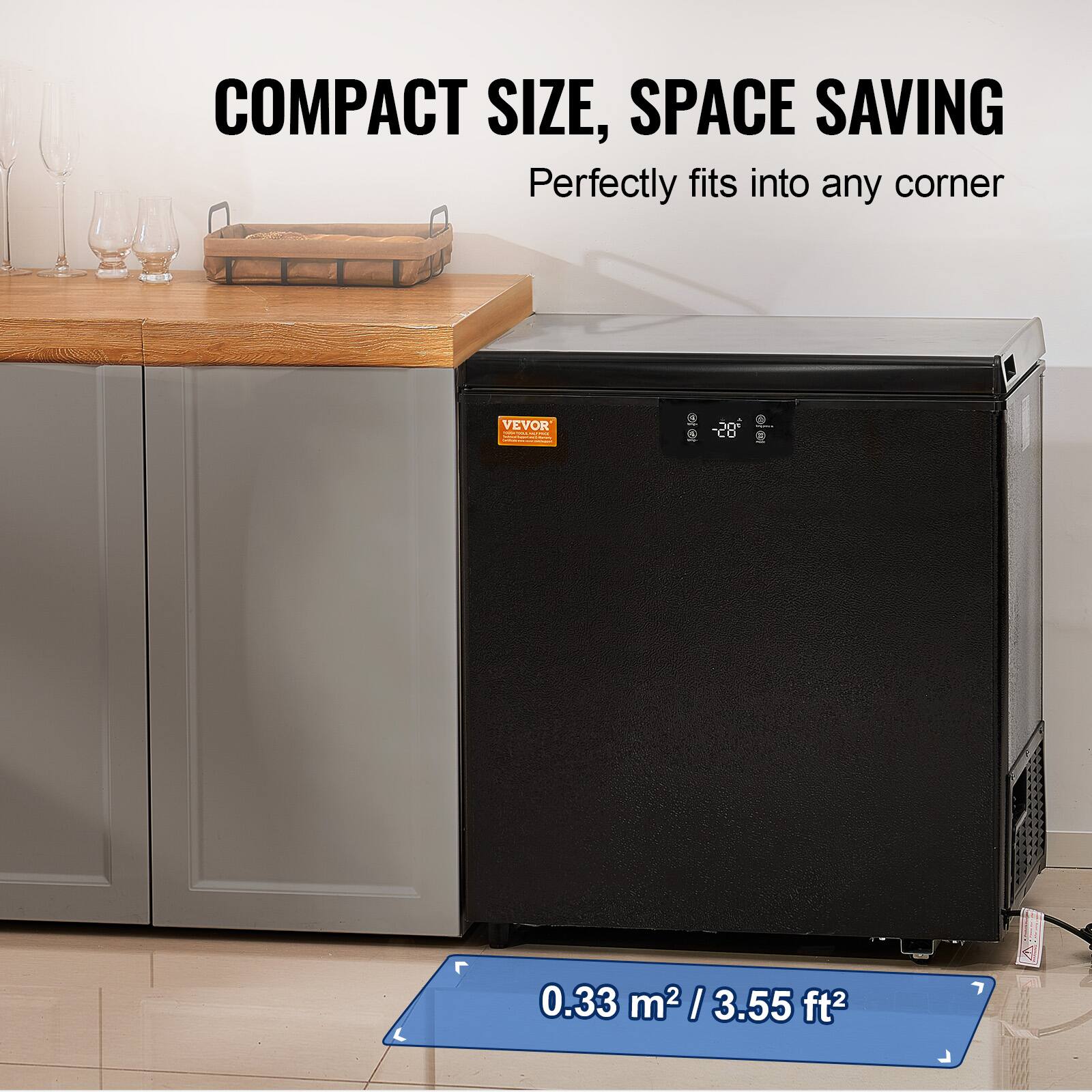 COMPACT SIZE, SPACE SAVING  
Perfectly fits into any corner  

0.33 m² / 3.55 ft²