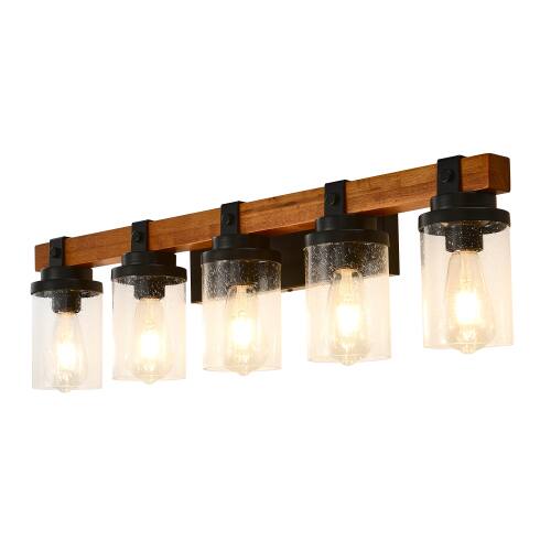 Alt View 3. LUCKY ONE - 5-Light Matte Black Wood Wall Lamp, Glass Shade Sconce for Bathroom or Bedroom Wall Mount - Matte Black,Wood.