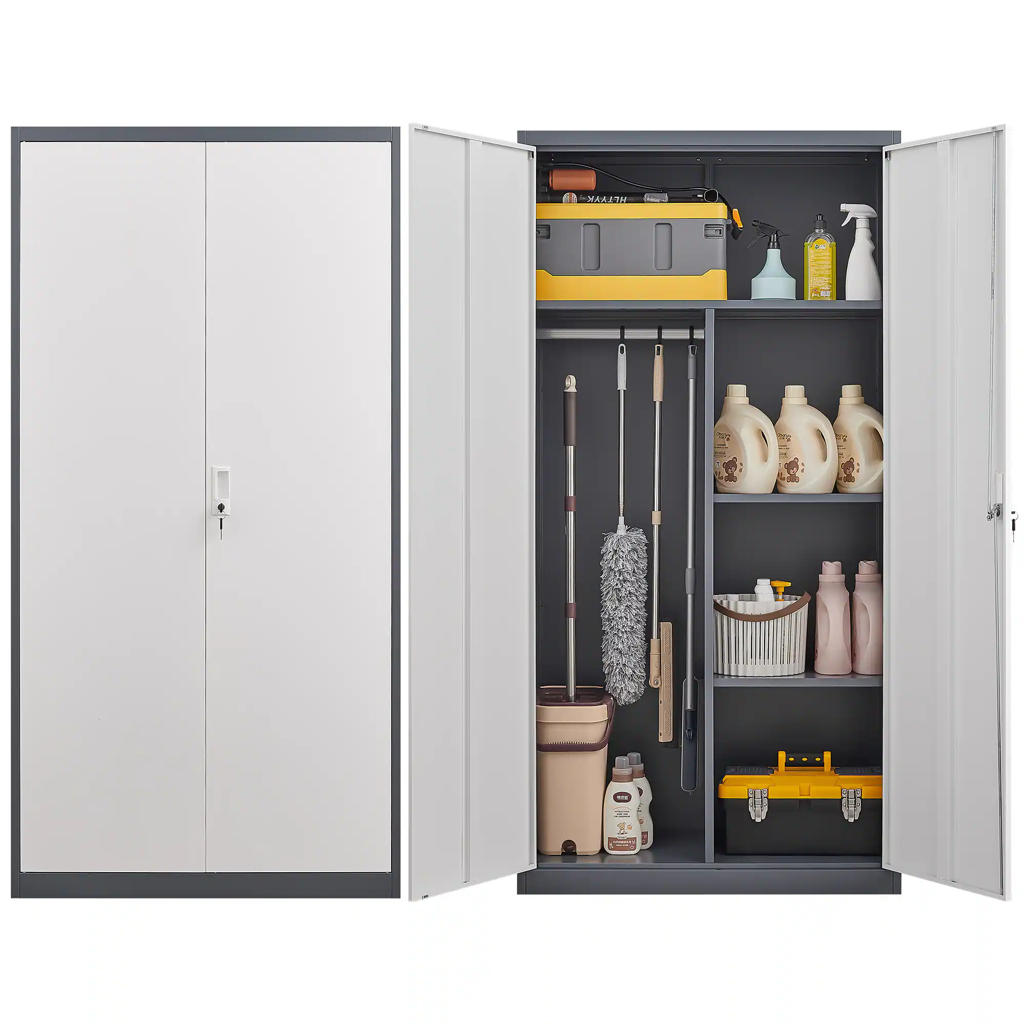 Front. TinyHomie - Gray Metal Large Capacity Wardrobe Lockable Hanging Rod Compartments Waterproof Fireproof - gray.