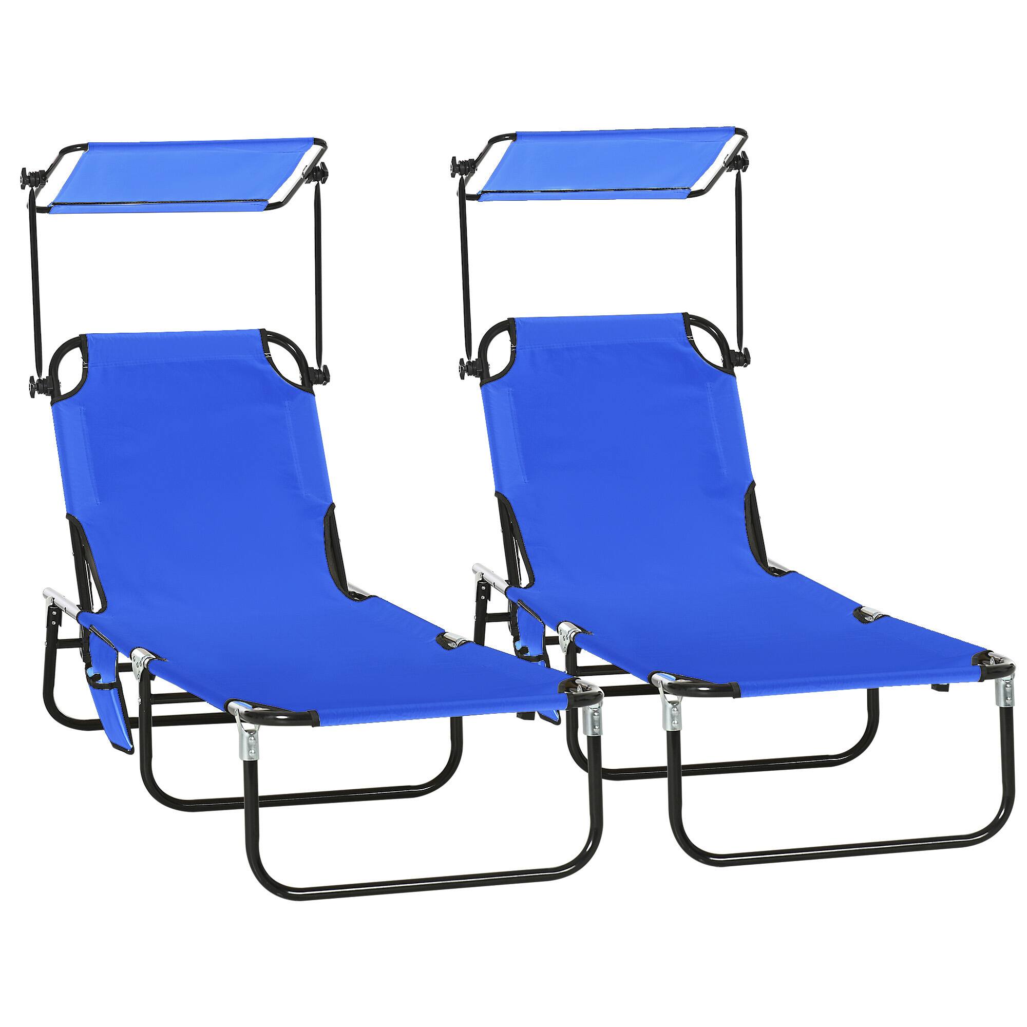Outsunny - Chaise Lounge Chairs Set of 2, Folding Lounge Chairs with Sunshade, Reclining Back - Blue