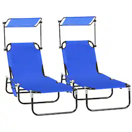 Outsunny - Chaise Lounge Chairs Set of 2, Folding Lounge Chairs with Sunshade, Reclining Back - Blue