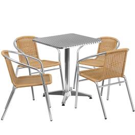 Emma + Oliver - 23.5" Square Aluminum Garden Patio Table Set with 4 Rattan Chairs - Beige