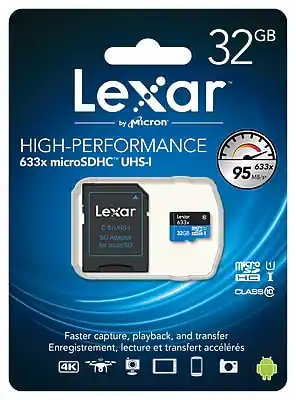 Lexar by Micron
32GB
HIGH-PERFORMANCE
633x microSDHC™ UHS-I
95 MB/s
C10/UHS-I
SD Adapter for microSD
CLASS 10
Faster capture, playback, and transfer
Enregistrement, lecture et transfert accélérés
4K