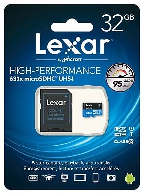 Lexar by Micron  
32GB  
HIGH-PERFORMANCE  
633x microSDHC™ UHS-I  
95 MB/s  
C10/UHS-I  
SD Adapter for microSD  
CLASS 10  
Faster capture, playback, and transfer  
Enregistrement, lecture et transfert accélérés  
4K