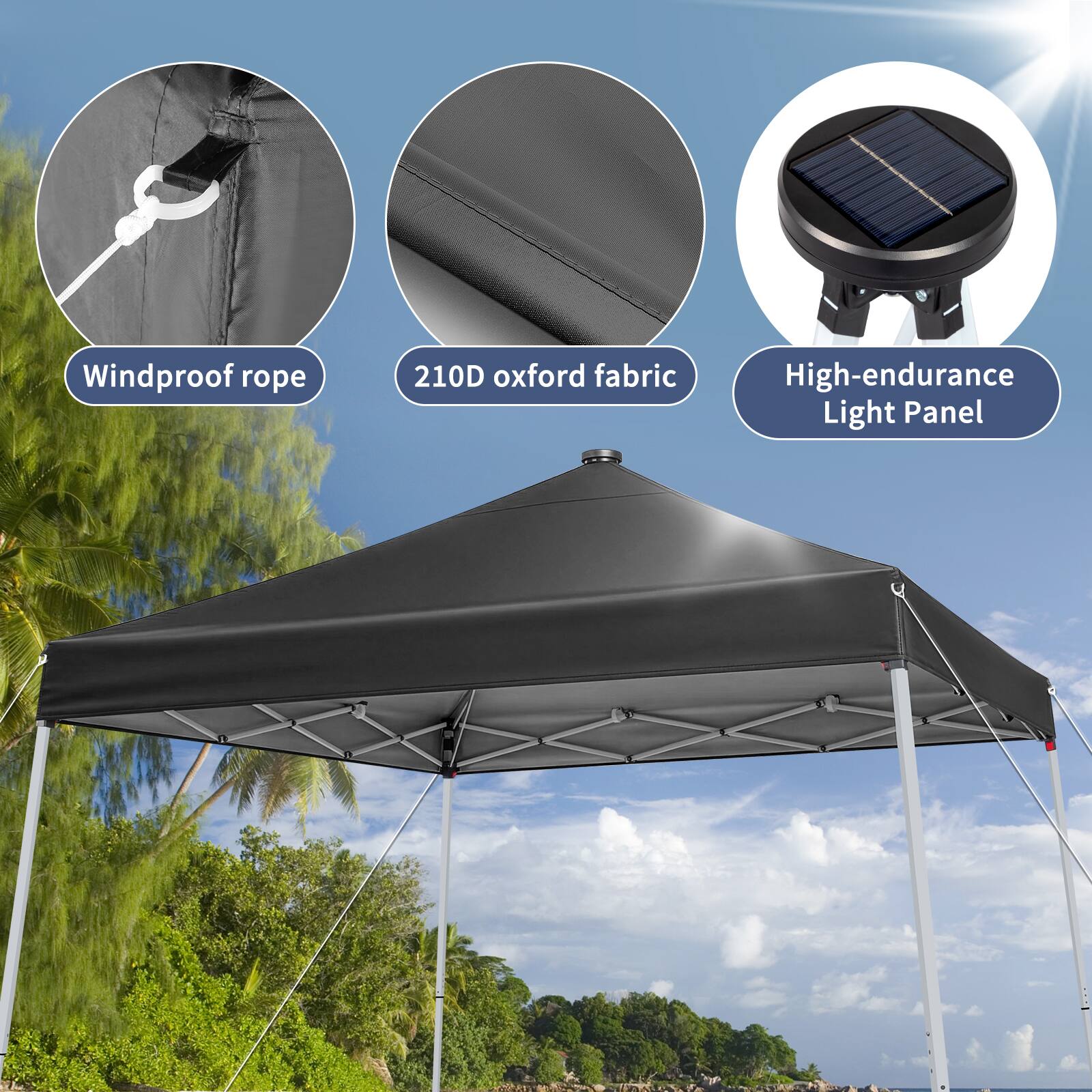 Windproof rope  
210D oxford fabric  
High-endurance Light Panel