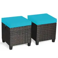 Costway 2PCS Patio Rattan Ottoman Cushioned Seat Foot Rest Coffee Table - Turquoise - Front_Zoom