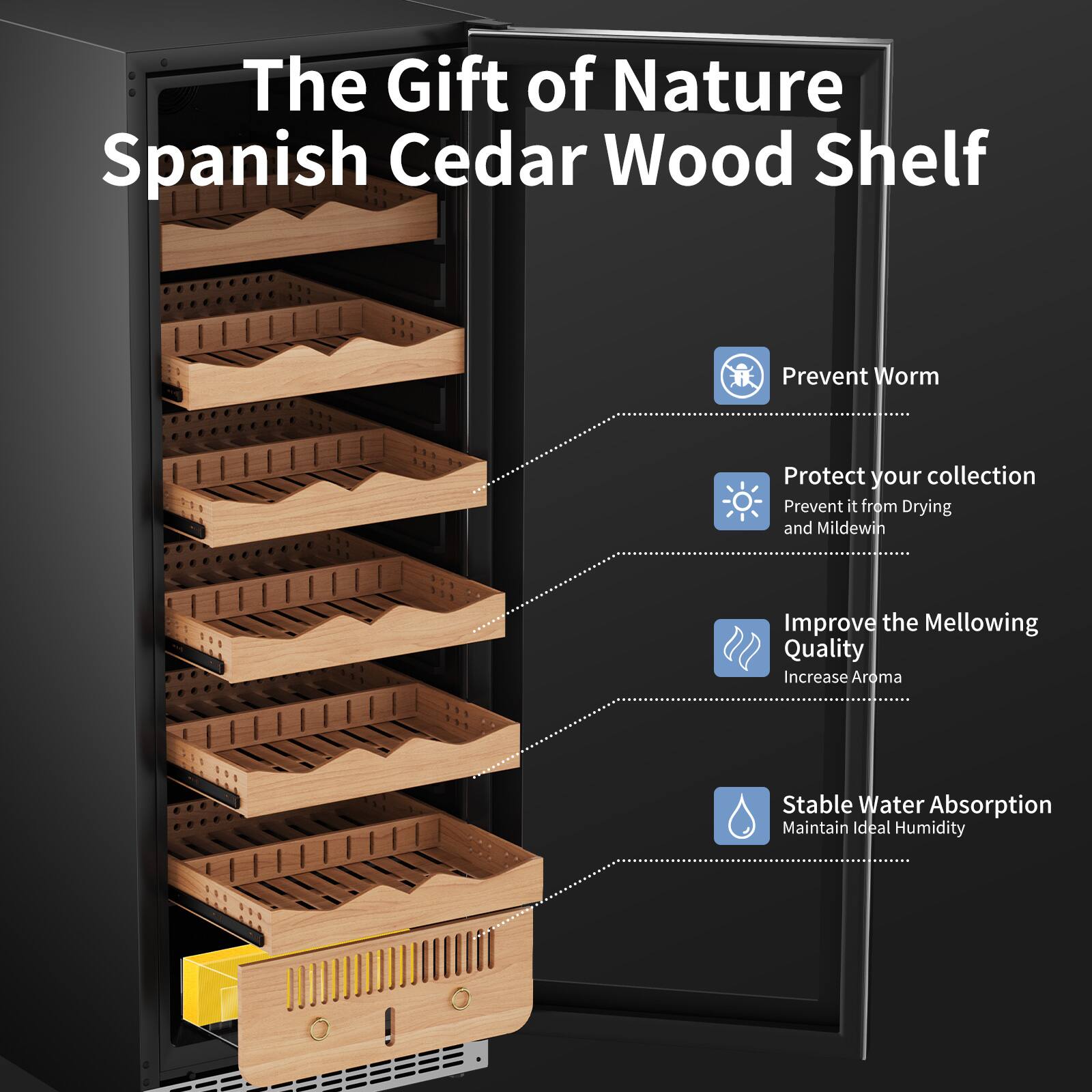 The Gift of Nature Spanish Cedar Wood Shelf

- Prevent Worm
- Protect your collection
  - Prevent it from Drying and Mildew
- Improve the Mellowing Quality
  - Increase Aroma
- Stable Water Absorption
  - Maintain Ideal Humidity