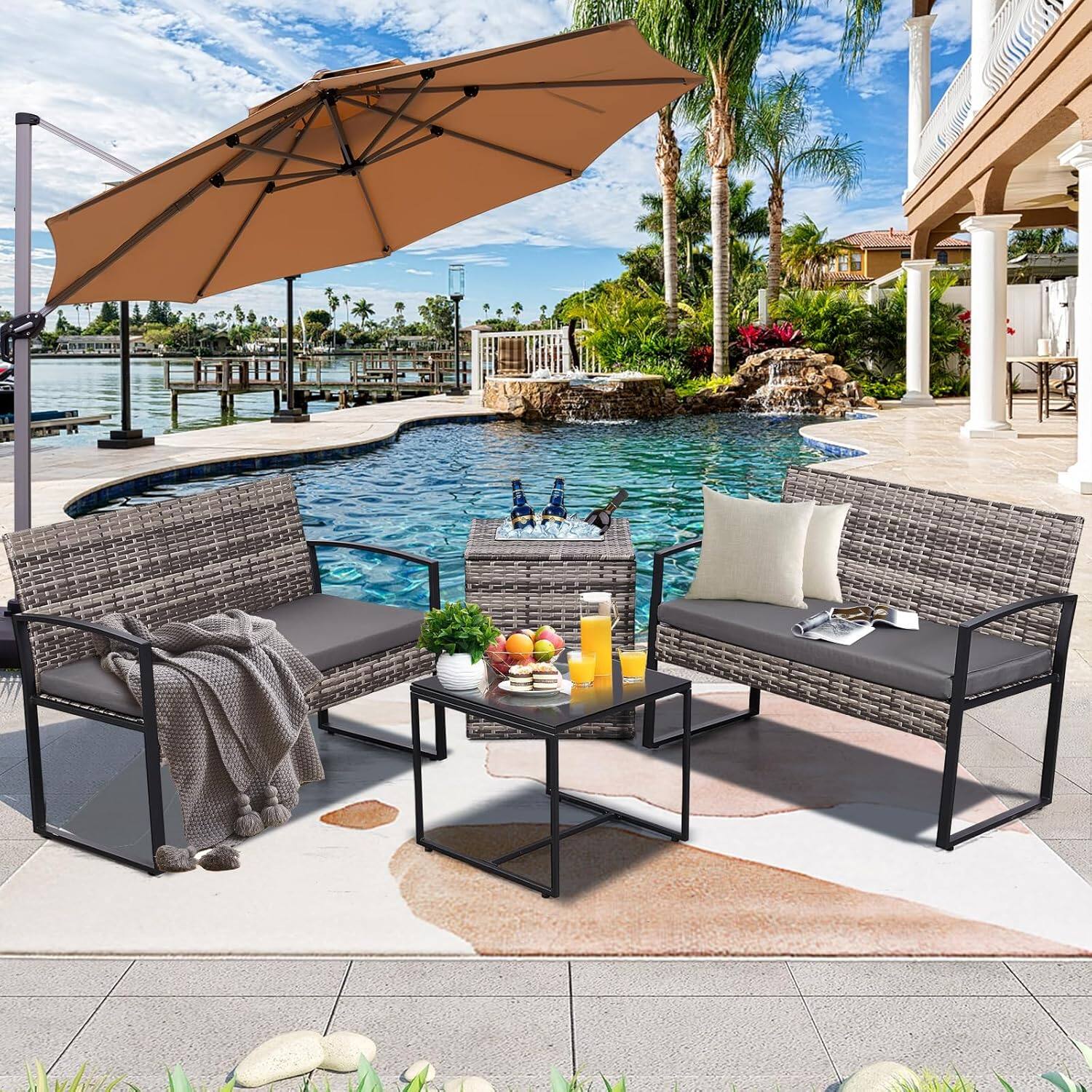 Back. Ainfox - Ainfox 4Piece Outdoor Patio Furniture Set with Ice Cooler Storage Box & Coffee Table for Outside, Garden, Balcony, Porch - Gray.