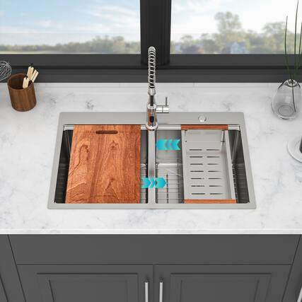 Front. Siljoy - Topmount Drop in Kitchen Sink - 33" x 22" x 10" Double Bowl (50/50) Kitchen Sink 16 Gauge with Two Basin Brushed Nickel - Brushed Nickel.
