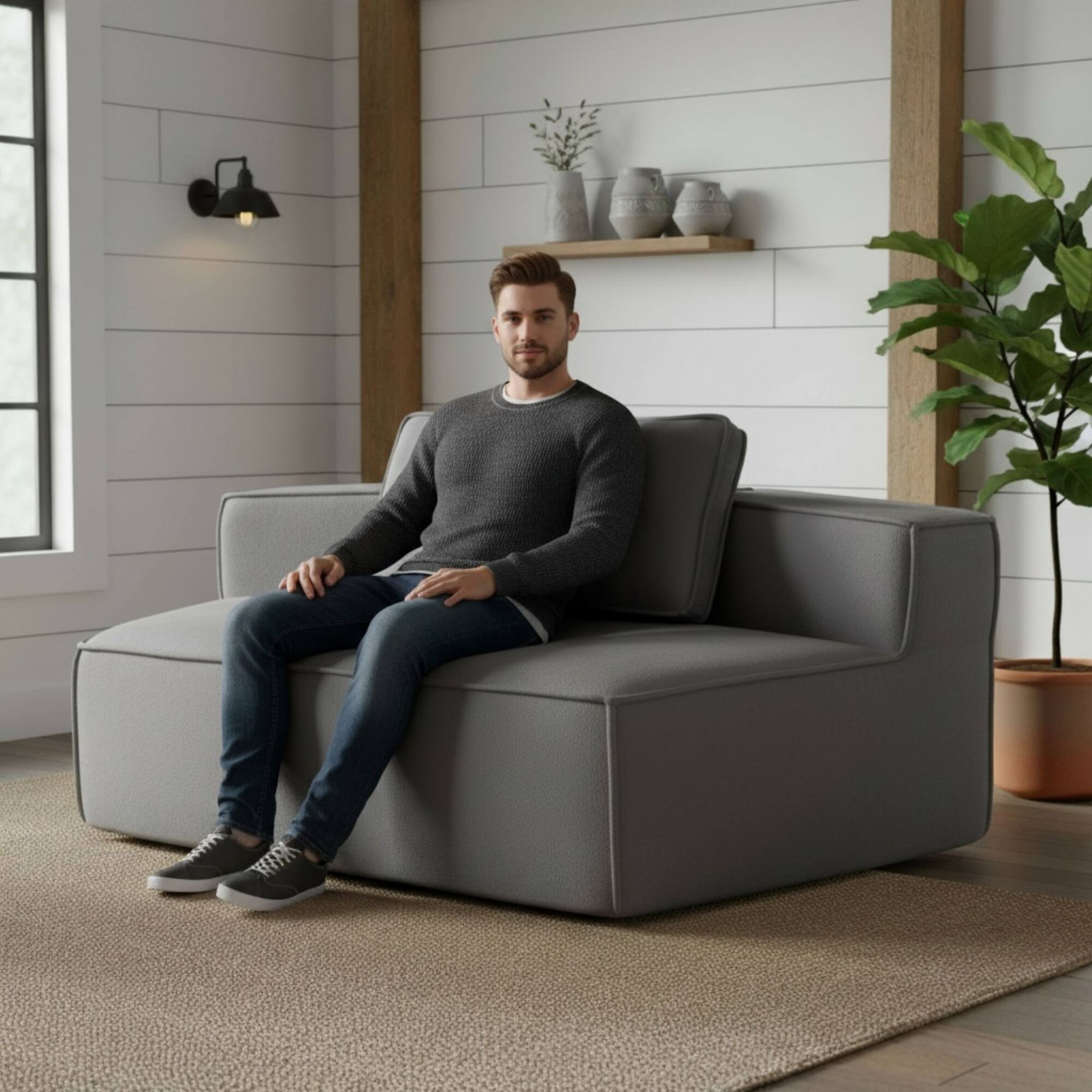 Left. GOODSILO - Soft Modular Floor Sofa Chair with Wide Seat and Plush Back Cushions, Cozy Lounge Chair for Living Room - Blue+Gray.