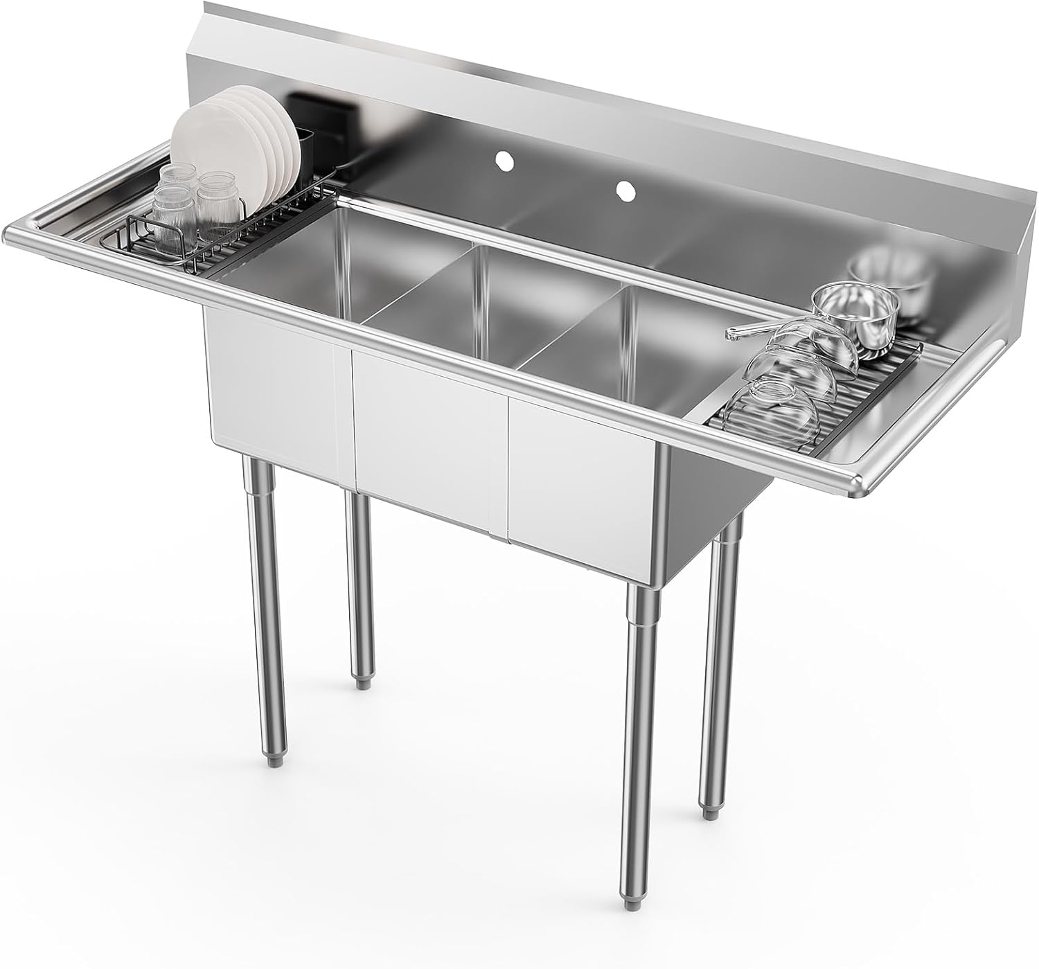 Front. Winado - 54"L x 20"W x 43.3"H Freestanding Stainless Steel Utility Sink with Left & Right Side Panels & 3 Compartment for Kitchen - Silver.