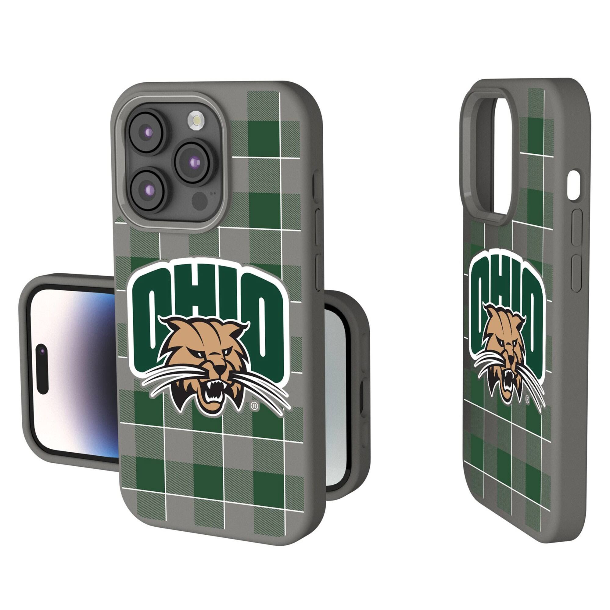 Front. Keyscaper - Ohio Bobcats Plaid Soft Touch iPhone Case - 14 Pro Max - Gray.
