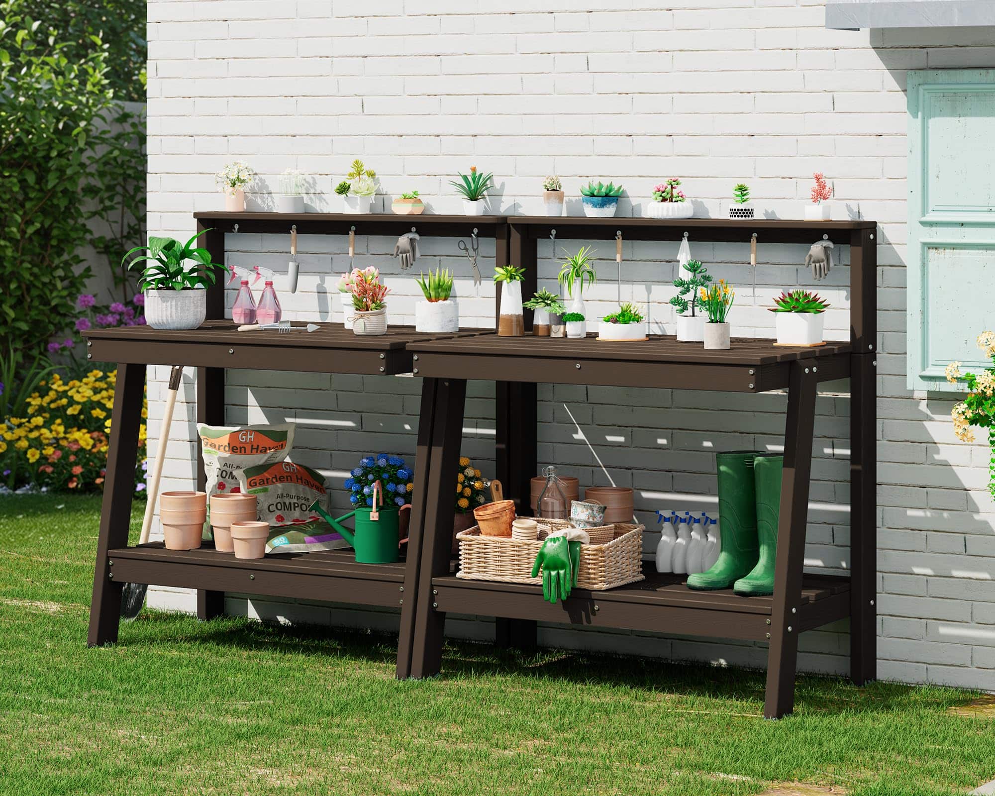 SERWALL - 3-Tier HDPE Heavy Outdoor Potting Table Set of 2, Workbench with Storage and Angled Legs & Tool Hooks, All Weather - Coffee