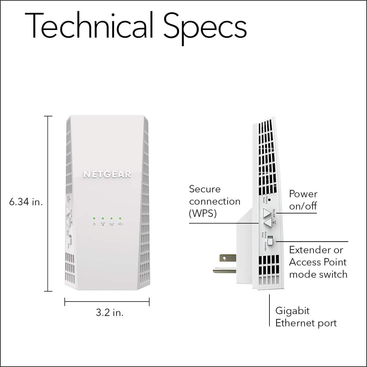 Technical Specs:
* 6.34 in. NETGEAR Secure connection (WPS)
* 2 Power on/off switches
* 3.2 in. Gigabit Ethernet port
* Extender or Access Point mode switch