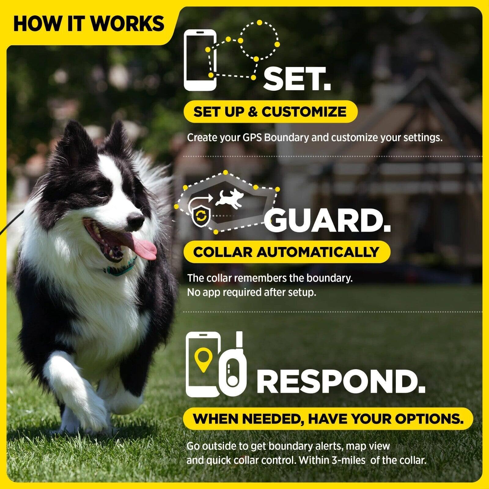 HOW IT WORKS

SET. SET UP & CUSTOMIZE
Create your GPS Boundary and customize your settings.

GUARD. COLLAR AUTOMATICALLY
The collar remembers the boundary. No app required after setup.

RESPOND.
WHEN NEEDED, HAVE YOUR OPTIONS.
Go outside to get boundary alerts, map view and quick collar control. Within 3-miles of the collar.