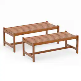 Gymax - 44'' Patio Wood Bench Set of 2 w/Teak Oil Finish & Curved Seat for Porch Garden - Brown