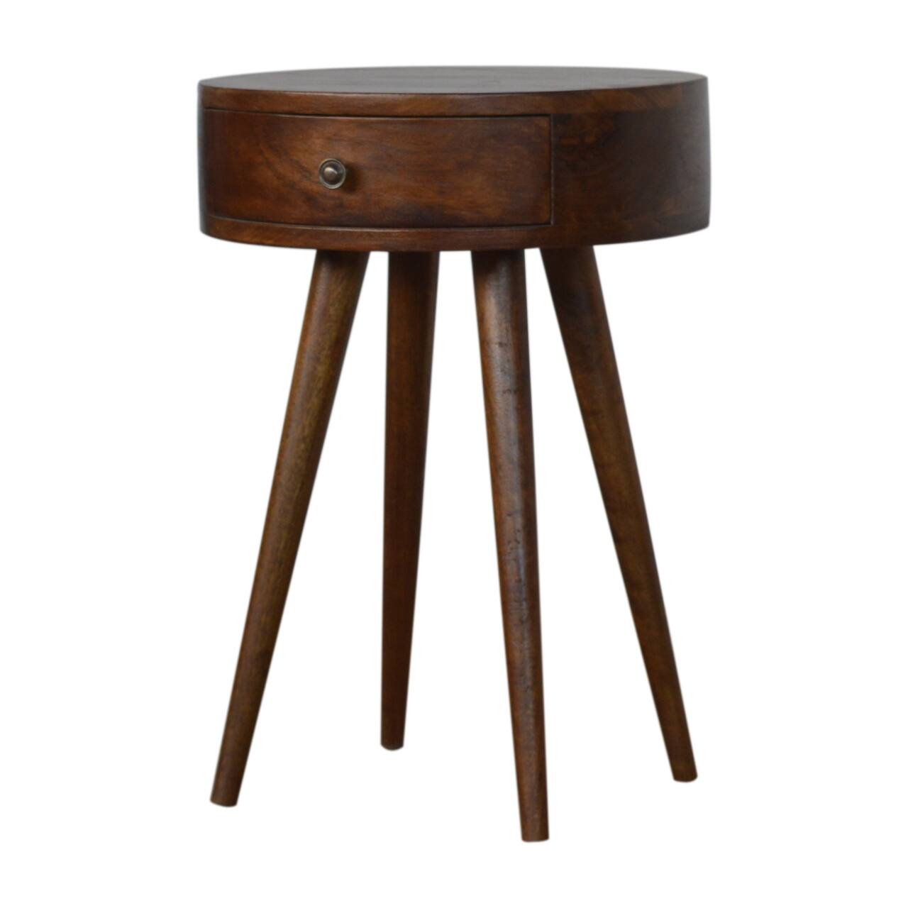Angle. Artisan Furniture - Artisan Furniture Solid Wood Nordic Chestnut Circular Nightstand, 1 Drawer, Nordic legs, Dark Brown - Chestnut.