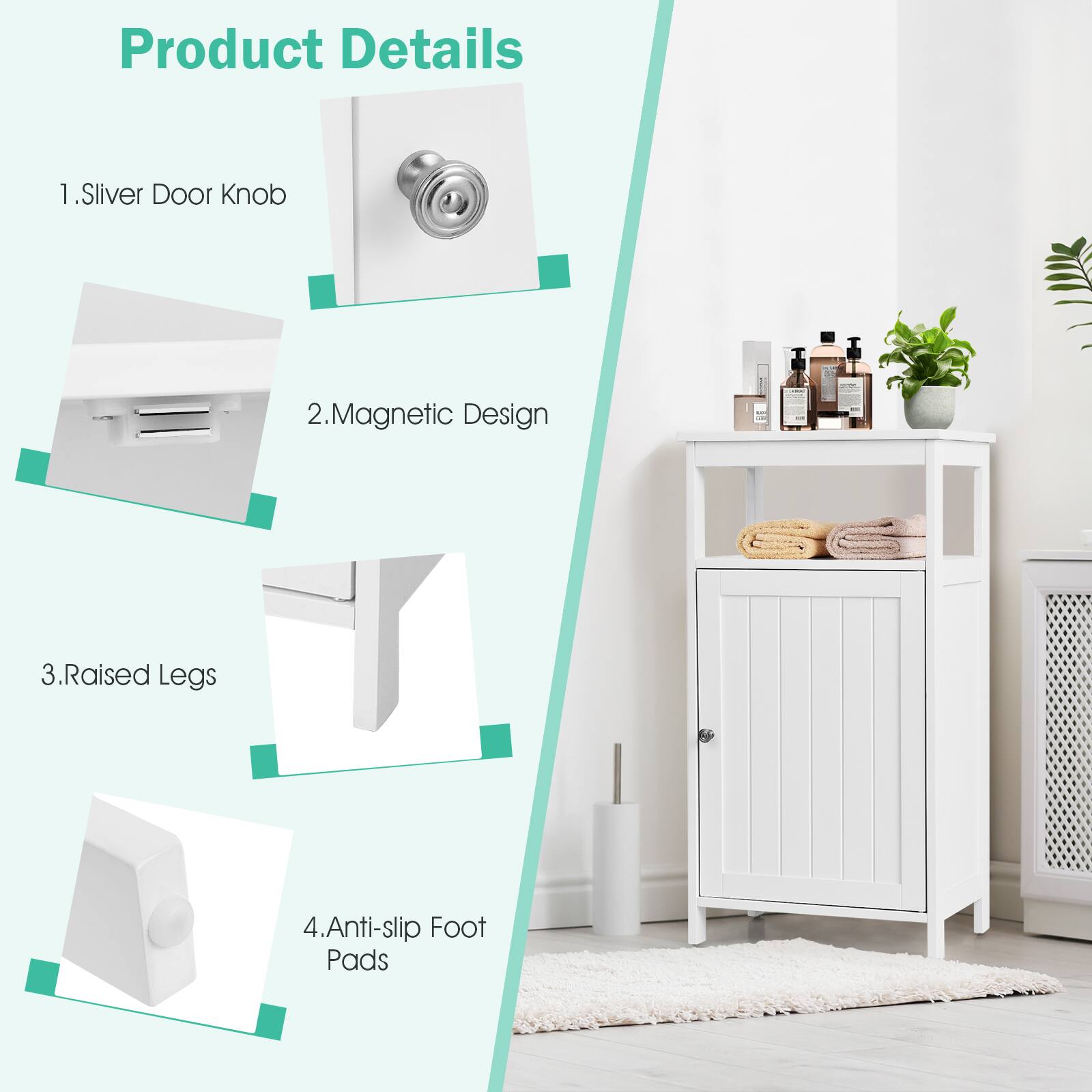 Product Details

1. Silver Door Knob  
2. Magnetic Design  
3. Raised Legs  
4. Anti-slip Foot Pads