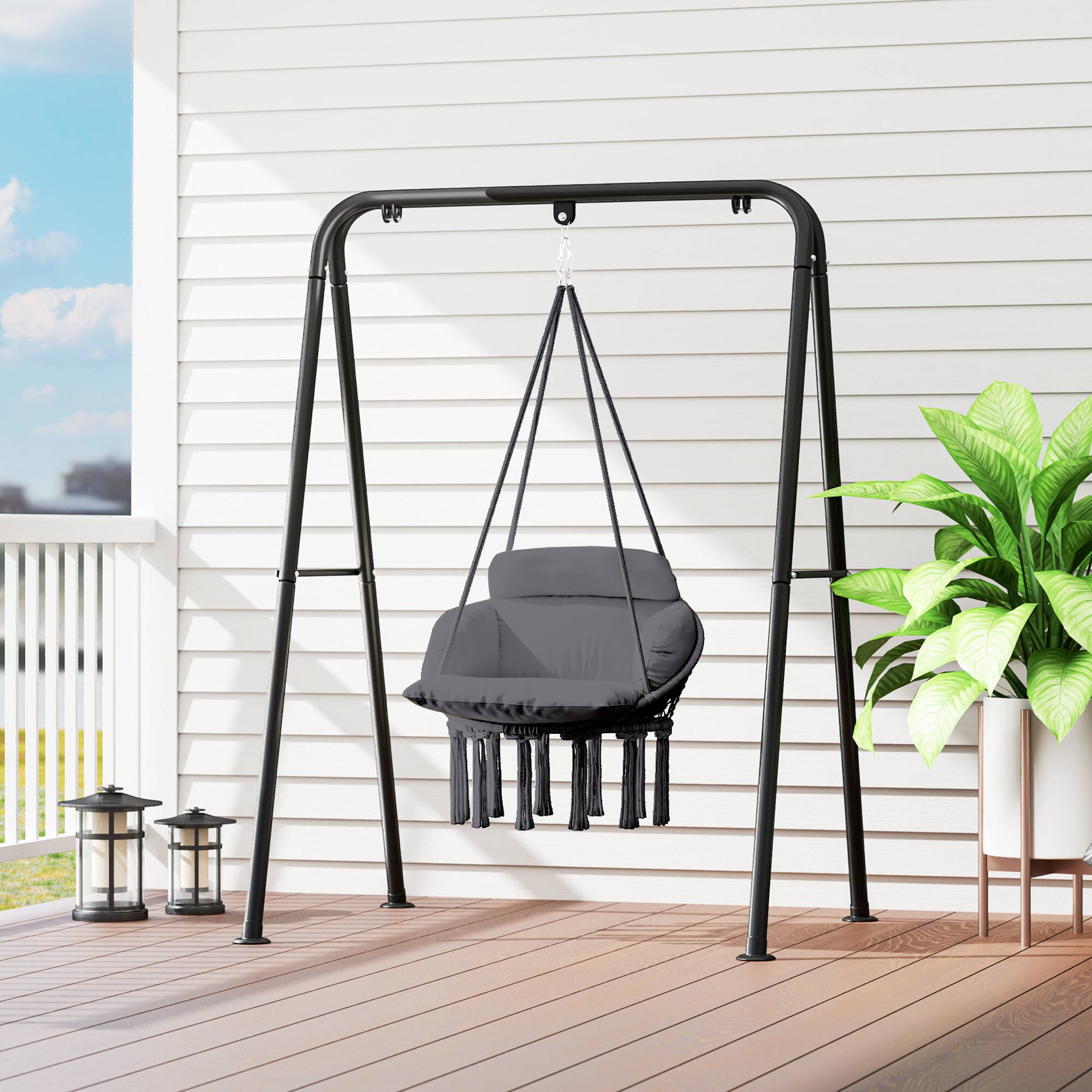 Alt View 8. Outsunny - Hammock Swing Chair, Outdoor Hanging Chair with Large Cushion, Cotton Rope Weaving Macrame Swing with Chain - Dark Gray.