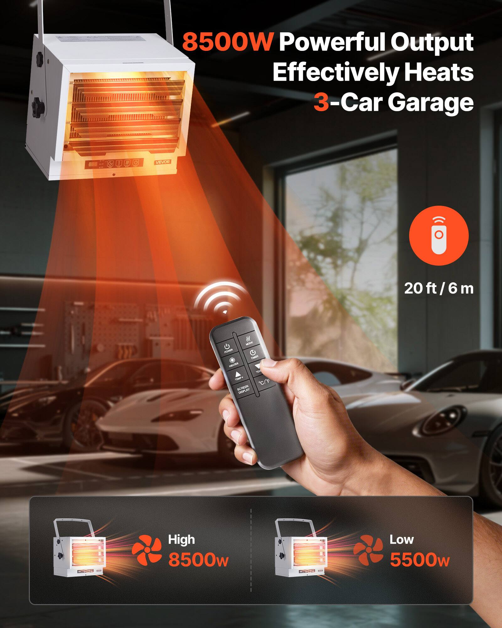 8500W Powerful Output Effectively Heats 3-Car Garage

BEST IF

VEVOR

20 ft/6 m

MODE PYRICE FILM PRATER 20 TEMPT C/F SCREAM DEPLAY

CALORIES 1

High 8500w

Low 5500w